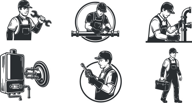 A collection of plumber illustrations featuring workers with tools in black and white vector style, suitable for plumbing services and repair branding