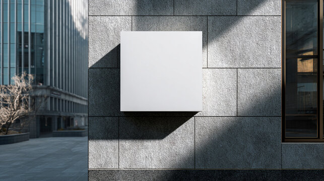 Clean white square sign mockup on a gray concrete wall of a modern building with harsh sunlight and shadows. (AI Generated)