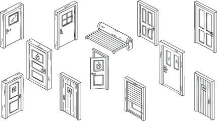 Fototapeta premium A collection of various door designs in outline style, featuring different types including fire doors, ideal for architectural projects