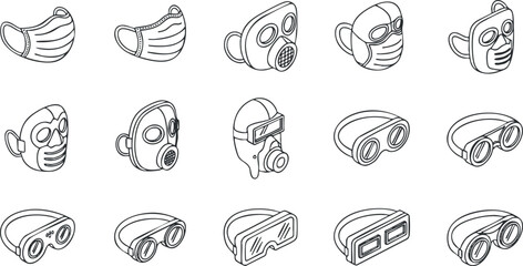 A collection of various protective masks and goggles in minimalist vector outline style, ideal for health and safety projects