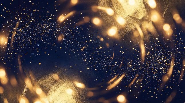 Abstract dark blue background with flowing gold particles, light bokeh, and crumpled gold foil texture
