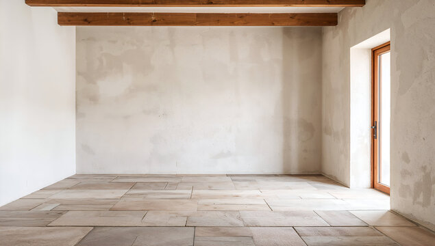 Empty room with wooden beams and a window, perfect for design concepts