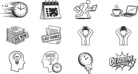 A collection of work-related icons depicting deadlines, time management, and productivity in black and white vector style, ideal for business presentations and productivity apps