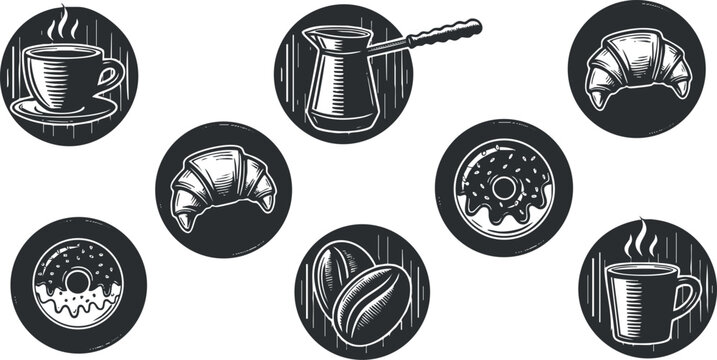 A collection of coffee, croissant, and donut icons in black and white vintage vector style, ideal for cafe branding and menus