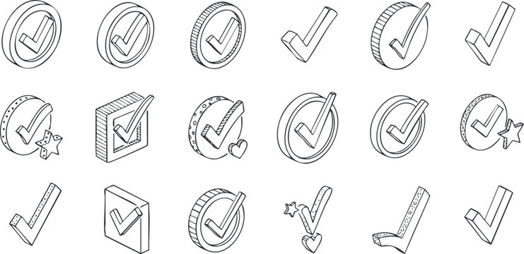 A collection of checkmark icons in outline vector style, suitable for user interfaces and design projects