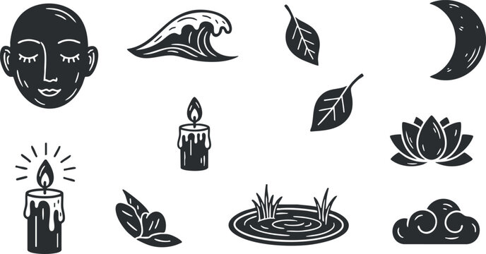 A collection of wellness and relaxation icons including a face, wave, candle, lotus, and moon in black and white outline vector style, ideal for spa and mindfulness projects