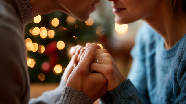 Faceless couple in love with close up of hands together defocused decorated Christmas tree background romantic holiday gesture relationship warmth seasonal love moment winter - Powered by Adobe
