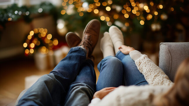 Faceless couple in love with close up of legs feet heavily defocused Christmas tree background romantic holiday relaxation relationship comfort seasonal love moment winter