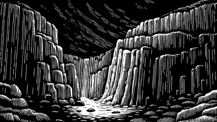 towering cliff formation with heavy darkness black and white, massive sharp stones, chilling air, and an ancient mysterious presence dominating the rugged terrain