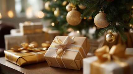 Obraz premium Christmas gifts under Christmas tree at home faceless wrapped presents defocused beige and gold shades interior background elegant gift arrangement seasonal giving display