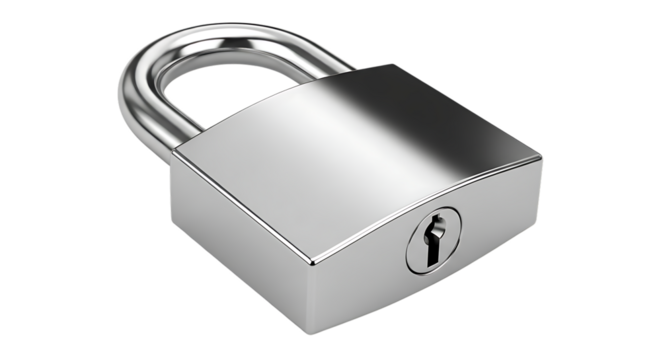 Shiny Silver Metal Padlock, Keyhole Detail, cutout, PNG isolated on white or transparent background