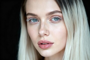 Obraz premium Mujer joven posando en estudio con maquillaje blanco creativo y estética contemporánea de belleza