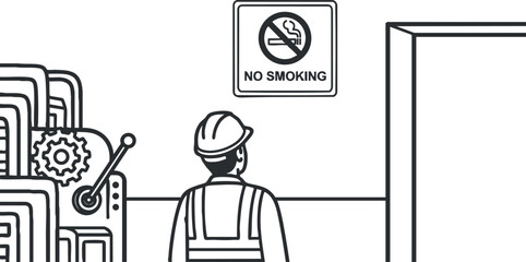 A construction worker observing a no smoking sign in a minimalist black and white vector style, suitable for safety guidelines and workplace illustrations