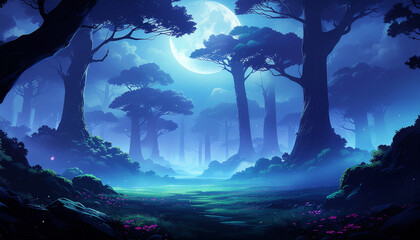 A breathtaking, illuminated forest landscape at night with a large full moon, silhouette tall trees, and a misty, magical atmosphere. Perfect fantasy background.