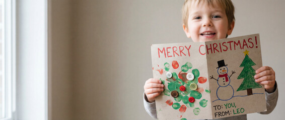 Christmas Card Delight: A young child radiates joy as they proudly display a handcrafted Christmas card, adorned with festive artwork, Christmas banner, blank space
