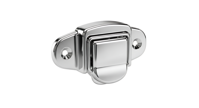 Polished Chrome Metal Trunk Latch, Screw Holes, cutout, PNG isolated on white or transparent background
