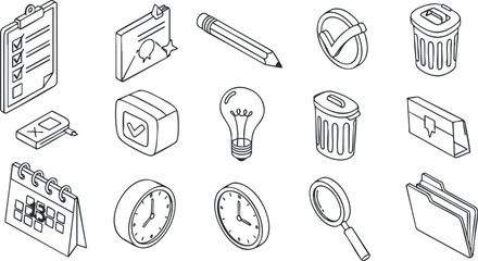 A set of outline icons including a checklist, calendar, clock, and stationery items in minimalist vector style, ideal for office and productivity themes