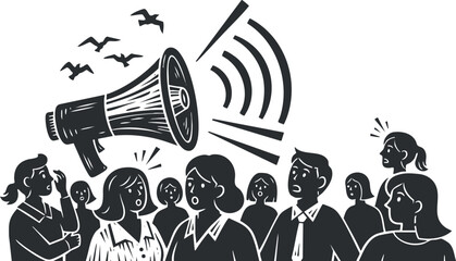 A crowd of people reacting to a megaphone in black and white vector style, suitable for social awareness and communication themes