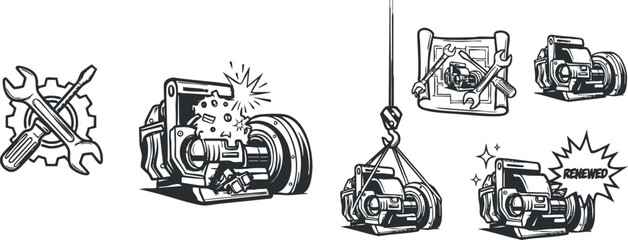 A collection of engine mechanics and repair tools in black and white vector style, ideal for automotive service branding