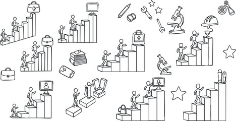 A collection of stick figures climbing stairs with various icons representing business and career growth, in a black and white line art style, suitable for motivational and educational content