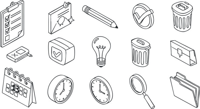 A set of outline icons including a checklist, calendar, clock, and stationery items in minimalist vector style, ideal for office and productivity themes