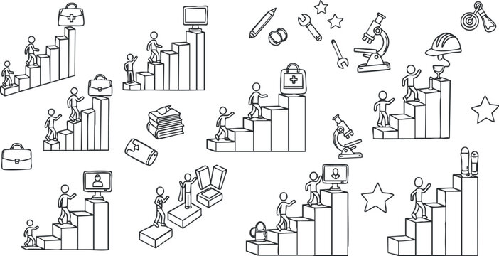 A collection of stick figures climbing stairs with various icons representing business and career growth, in a black and white line art style, suitable for motivational and educational content