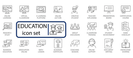 Minimalist E-Learning Vector Outline Icons Set. Perfect for UI/UX, apps, and web. Includes virtual classroom, study, academic, and webinar symbols.