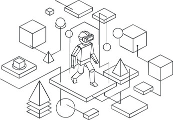 A 3D avatar character exploring a virtual reality environment with geometric shapes in minimalist outline vector style, ideal for tech and gaming projects