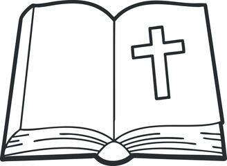 An open book with a cross symbol in outline vector style, suitable for religious and educational themes