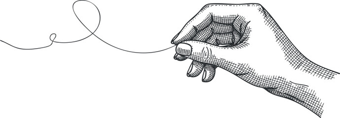 A hand holding a loop of thread in a detailed black and white outline vector style, ideal for sewing and crafting designs