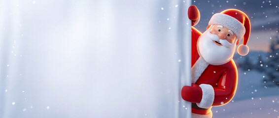 Festive Santa Claus with Holiday Banner A cheerful Santa Claus figure, decked out in his traditional red and white attire, emerges from behind a blank banner, with falling snow.