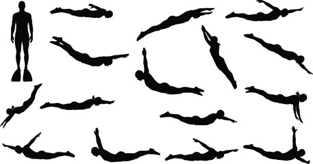 Swimming silhouettes vector set, diver and swimmer people collection, underwater poses, man with flippers, water sports illustration, isolated © Vector Sifat