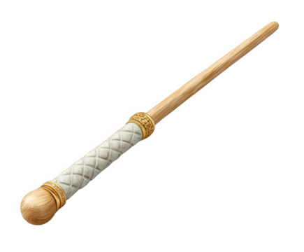 Elegant magic wand with white handle gold accents and wooden shaft isolated on white background for fantasy illustrations and magical themes