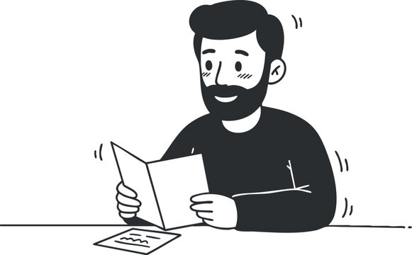 A man reading a menu at a table in black and white vector style, suitable for restaurant and dining concepts