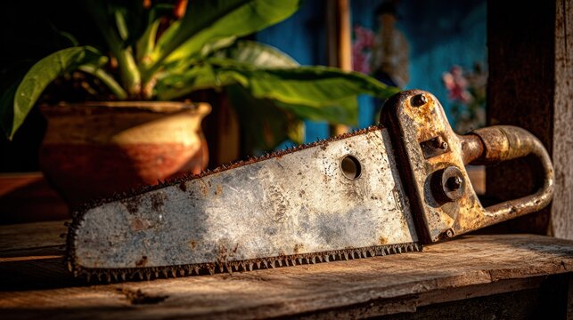 Heavily rusted old logging tool rests on weathered wooden surface near potted foliage