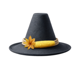 Pilgrim hat with corn and flower decoration a traditional symbol of Thanksgiving isolated on white background