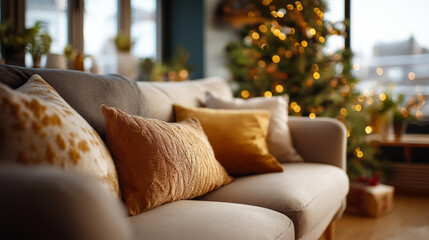 Homely and cozy Christmas interior of living room faceless warm festive environment defocused beige sofa and decorated Christmas tree background comfortable holiday atmosphere