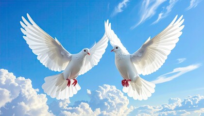 Obraz premium Two White Doves Flying Together In A Bright Blue Sky With Fluffy White Clouds On A Sunny Day Symbolizing Peace And Freedom