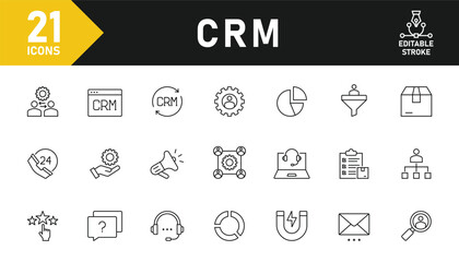 Customer Relationship Management line icon set. Set of 21 outline icons related to CRM, strategy, marketing, audience, service, user, report and others. Editable stroke. Vector illustration.