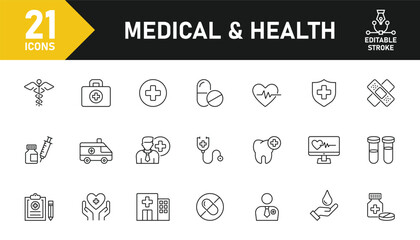 Medical and health line icon set. Set of 21 outline icons related to medical, health, medicine, pharmacy, doctor, hospital, ambulance, care and others. Editable stroke. Vector illustration.