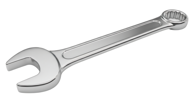 Shiny chrome combination wrench tool, open end and box end, cutout, PNG isolated on white or transparent background