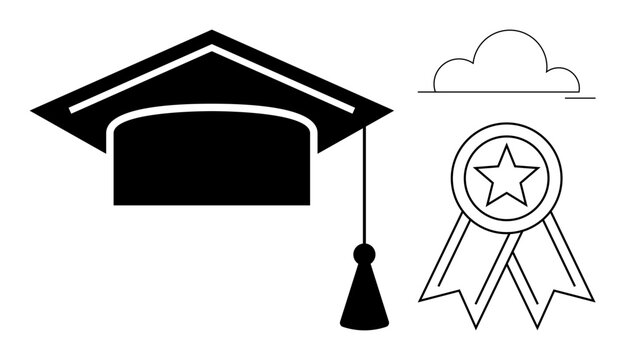 Black mortarboard with tassel, outlined badge with star, and cloud icon signifying learning, success, and goals. Ideal for learning, success, aspiration, recognition achievement celebration goals