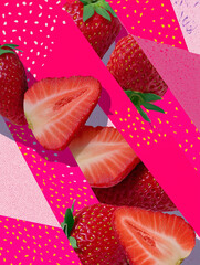 カットされたイチゴとピンクのテクスチャを組み合わせたモダンなパターン