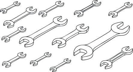 A collection of various wrenches in a clean black and white outline vector style, suitable for mechanical and repair services
