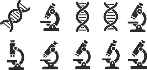 A collection of microscope and DNA icons in black and white flat vector style, suitable for scientific and educational projects