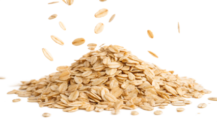 Fresh oat flakes heap with falling oatmeal cut out on PNG isolated on white. AI GENERATED.