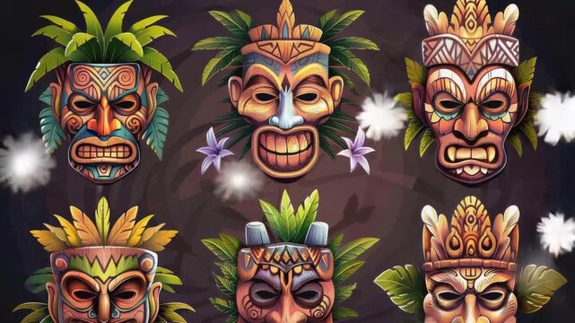 Video Set of traditional wooden tiki masks from Polynesian culture, suitable for decoration or theme parties