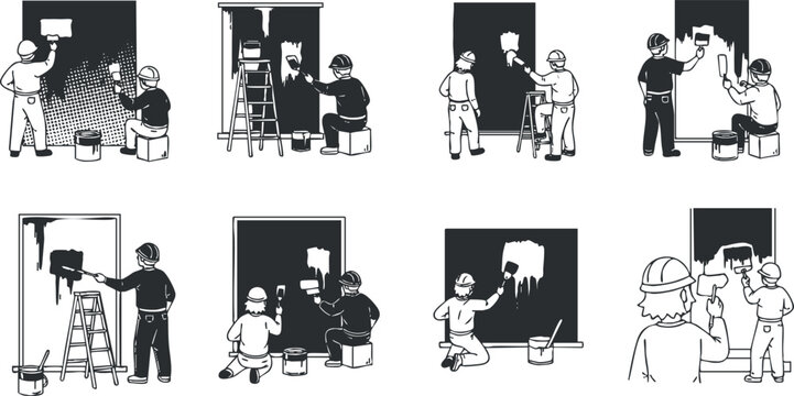 A collection of workers painting walls in black and white vector style, ideal for construction and home improvement projects