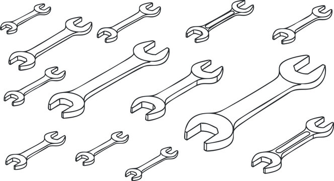 A collection of various wrenches in a clean black and white outline vector style, suitable for mechanical and repair services