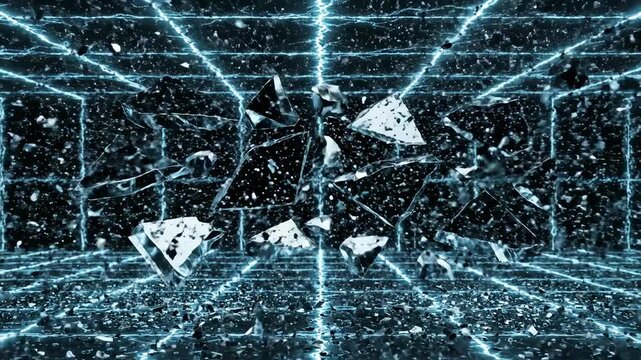 Seamlessly looping digital fragmentation background showing sharp geometric shards rapidly disintegrating and reassembling across a dark matrix motion graphics, futuristic, complex system
